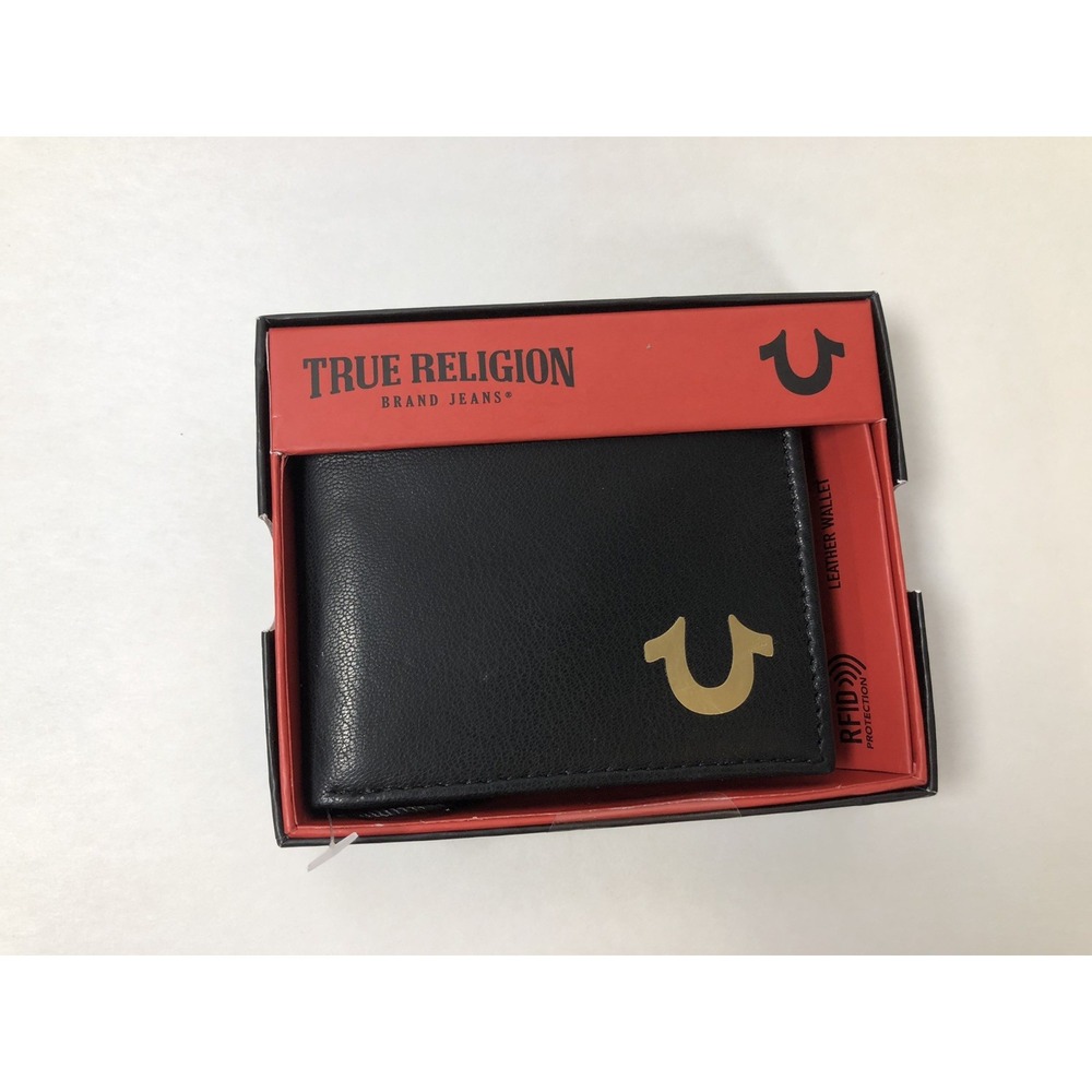 NEW True Religion Black Leather Bifold Wallet Men Gold Logo Box‎